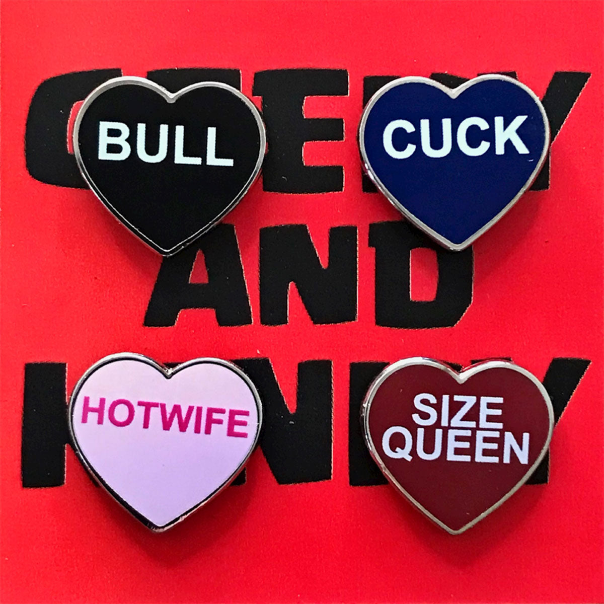 Geeky & Kinky Heart Pin 4pk (Cuck - Bull - Hot Wife - Size Queen)